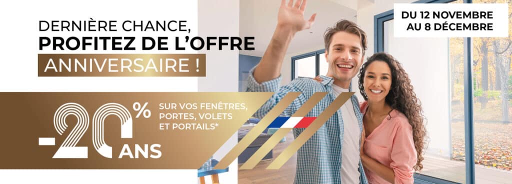 Vous avez un projet de rénovation de fenêtres, volets, portes ou portails ? Ne manquez pas l’occasion de profiter de notre offre anniversaire ! À l’occasion de nos 20 ans, Solabaie vous offre une remise de -20% sur une sélection de produits, pour transformer votre habitation tout en faisant des économies.